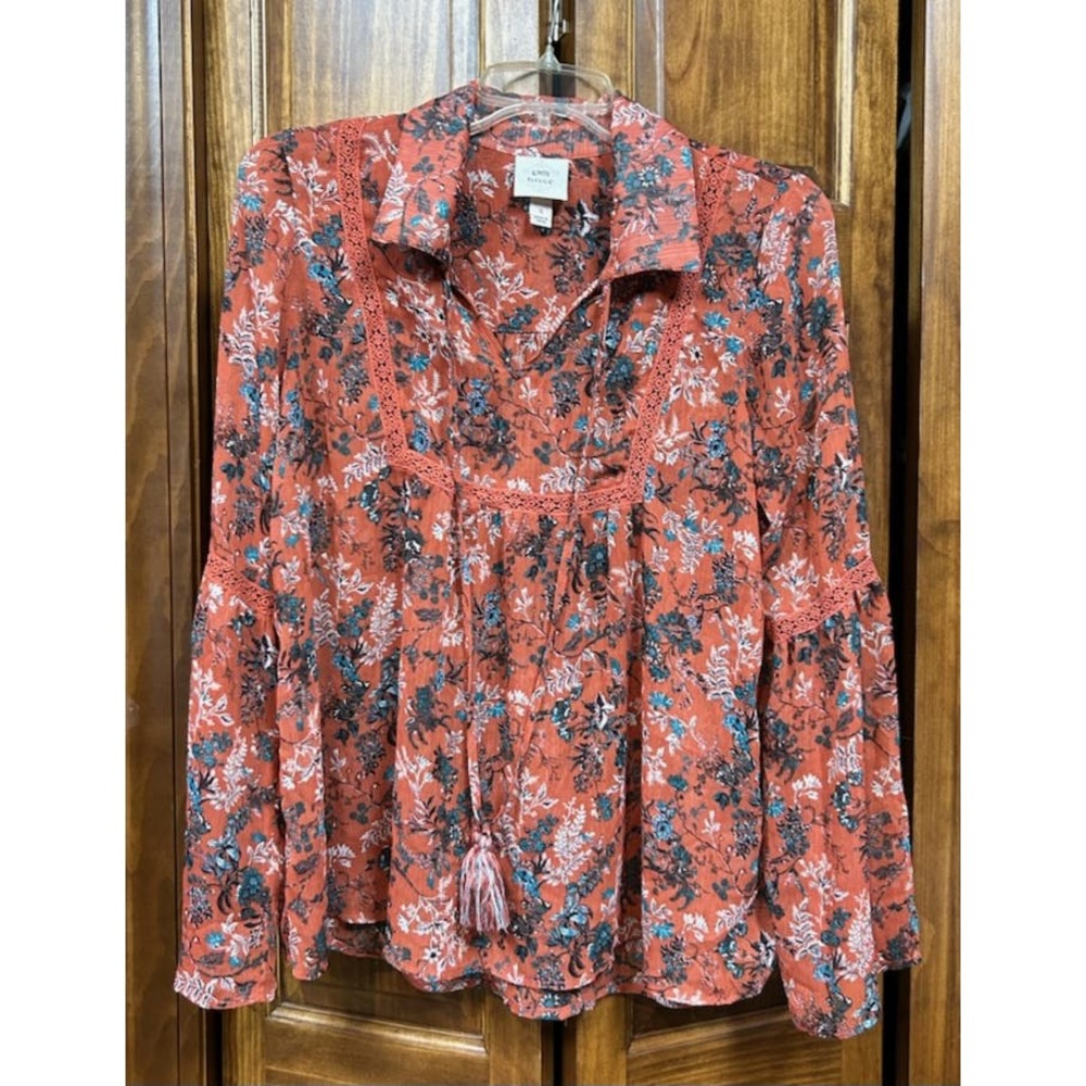 Knox Rose Blouse small Sheer orange with Turquoise flowers